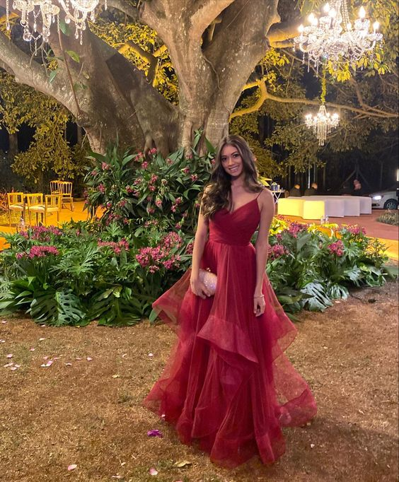 Elegant Burgundy A-line Ruffle Evening Dress Y5878 - VelvetHem