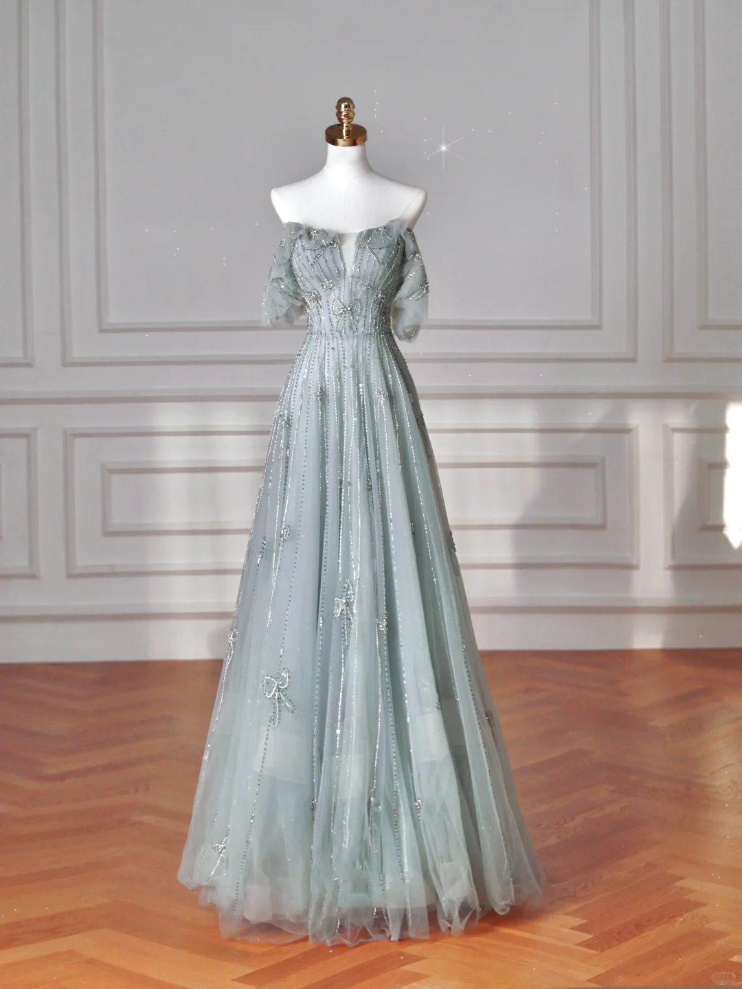 Pretty Light Green Square Neck Tulle Beaded Prom Dress A Line Evening Dress Y8612 - VelvetHem