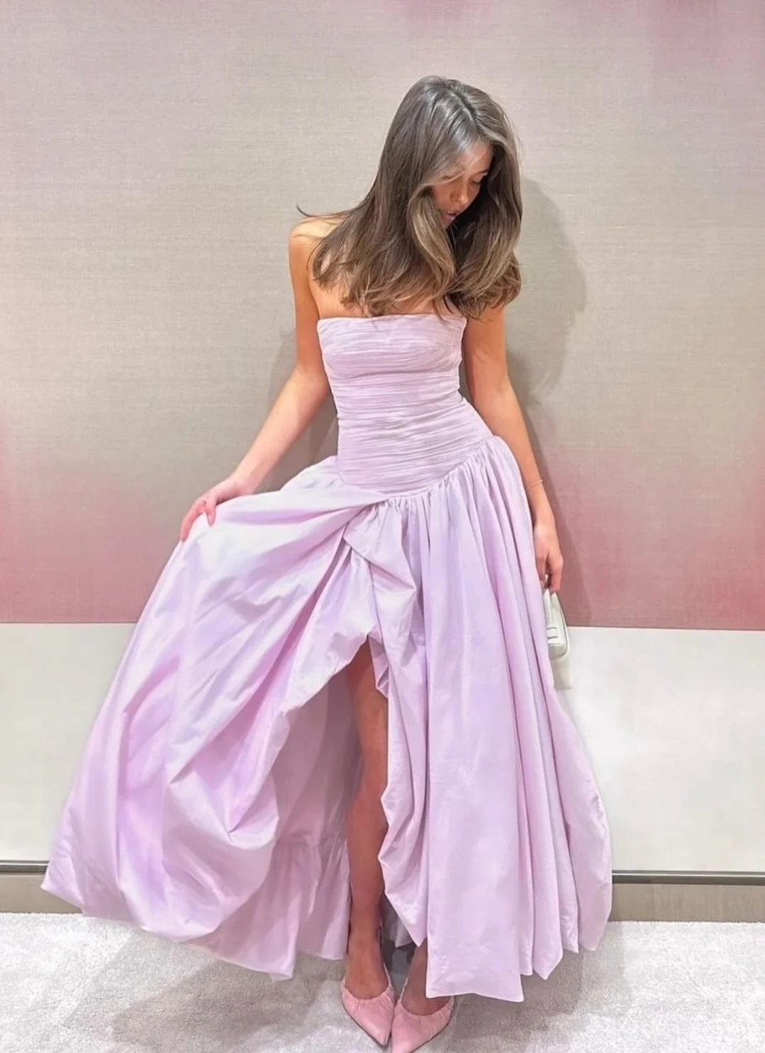 Pink Strapless Pleated Slit Evening Dress Long Satin Prom Dress Y7978 - VelvetHem