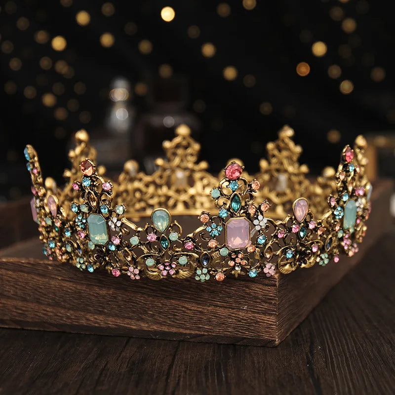 Vintage Crystal Round Baroque Tiaras and Crowns For Women Men King Queen Royal Party Bridal Wedding Head Jewelry Accessories