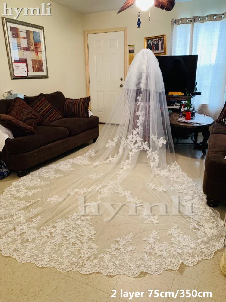 White / Ivory Lace Wedding Veil 2 Layer 5 Meters Long Bridal Veil Church Veil Blush Veil with Metal Comb - View 2 | VelvetHem