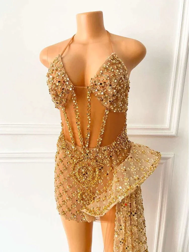 Glitter Sleeveless Gold Sequin Girls African Short Homecoming Dresses (ZD12498)