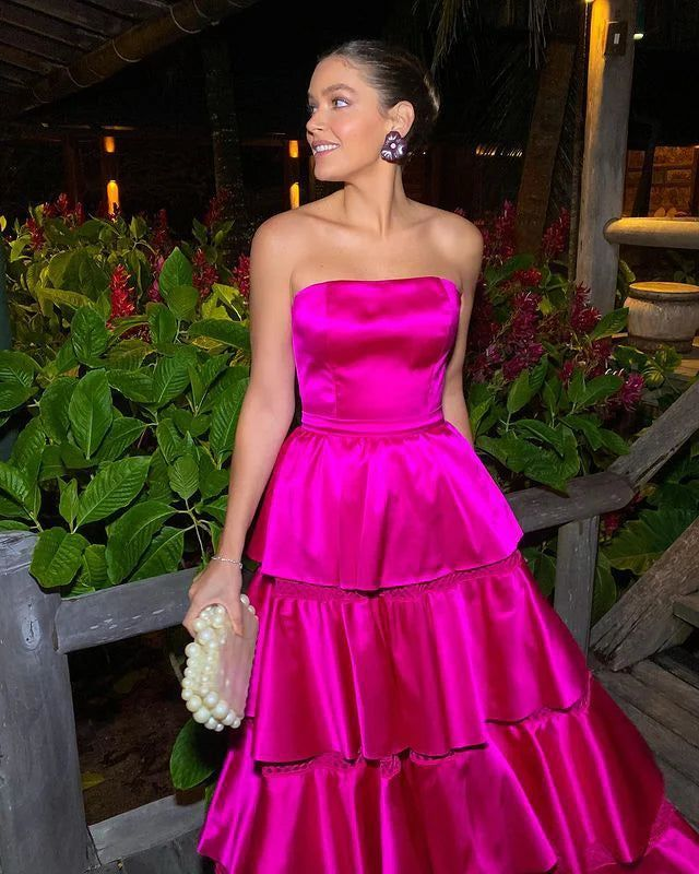 Gorgeous Strapless Satin Layered Party Evening Dress Hot Pink A Line Prom Dress - View 2 | VelvetHem