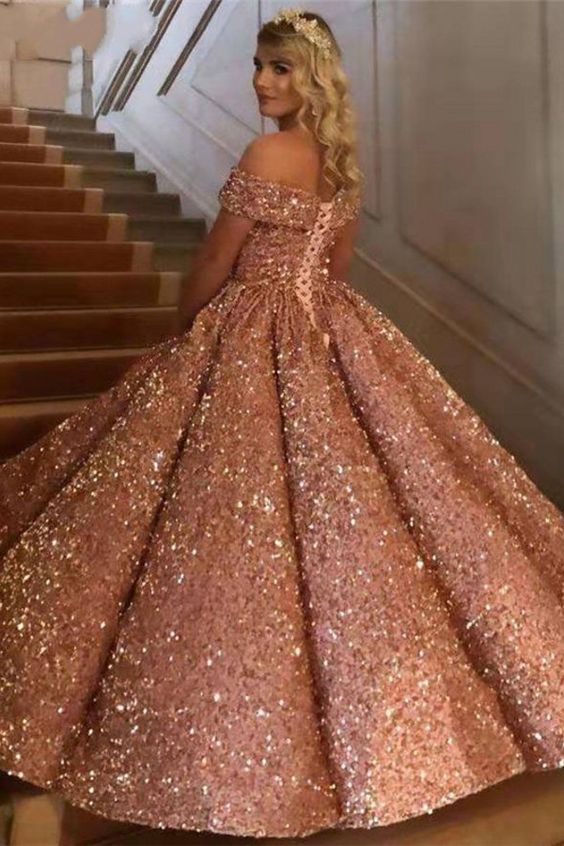 Sparkly Sweetheart Off The Shoulder Ball Gown Wedding Dresses | Sequin Puffy Bridal Gown - VelvetHem