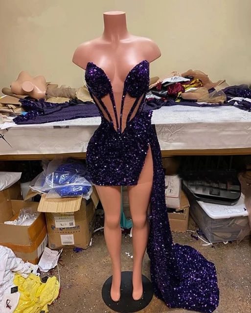 Hot Sale Sparkly Purple Sequin Party Dress Sleeveless Real Picture African Black Girl Short Prom Dresses - VelvetHem