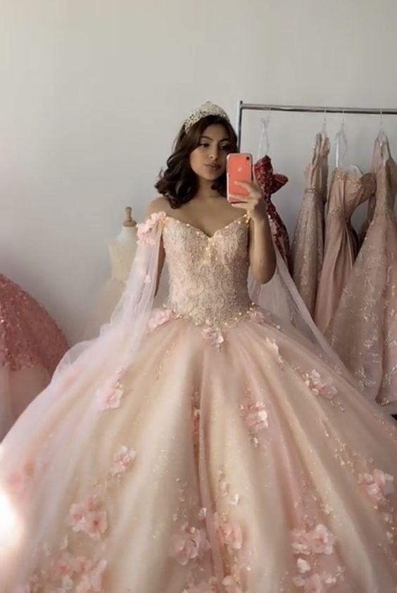 Pink Ball Gown With 3D Flowers Sweet 16 Dress Romantic Pink Embroidery Cape Ball Gown 3D Floral Beaded Long Sweet Frill Dress - View 3 | VelvetHem