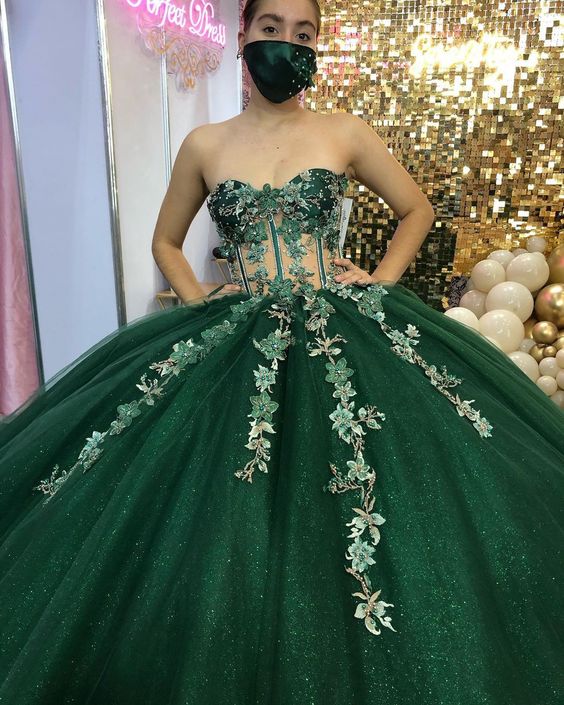 Green Ball Gown With Appliques Sweet 16 Dress Long Court Train - VelvetHem