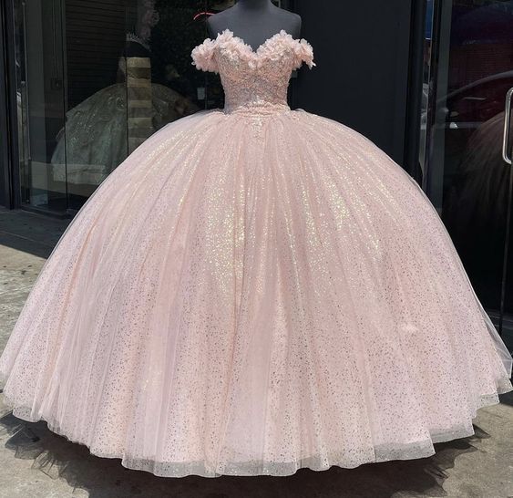 Off the shoulder pink ball gown glitter sweet 16 dress birthday dress - VelvetHem