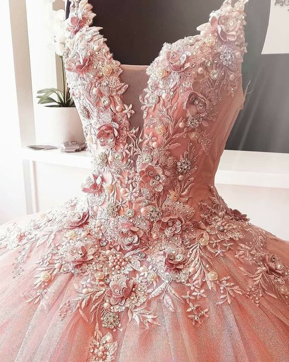 A-line V Neck Pink Ball Gown Sweet 16 Dress 3D Flowers - VelvetHem