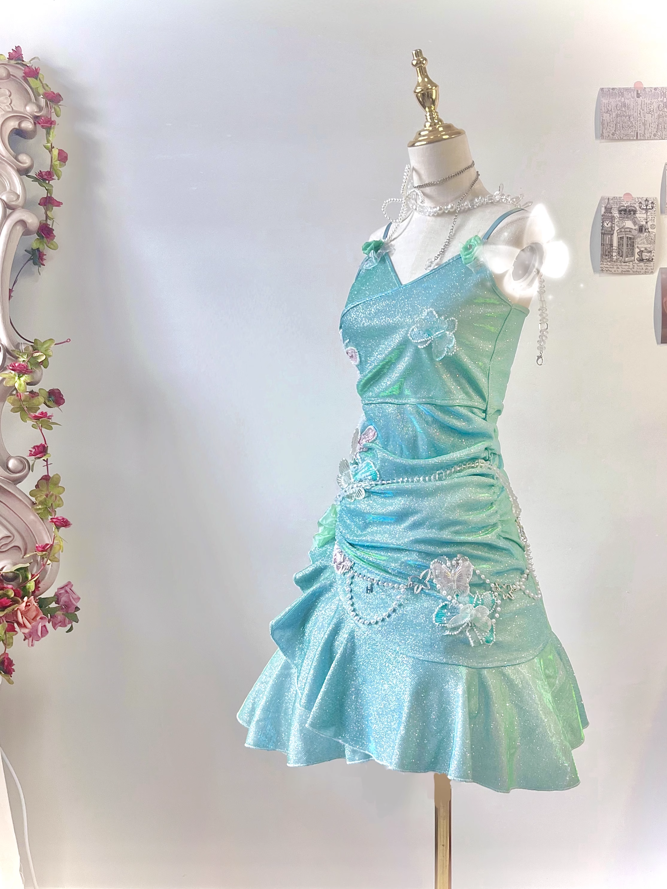 Glitter Mint Green Spaghetti Straps Sequin Ruffles Birthday Outfits Graduation Homecoming Dress