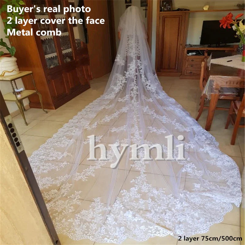 White / Ivory Lace Wedding Veil 2 Layer 5 Meters Long Bridal Veil Church Veil Blush Veil with Metal Comb - VelvetHem