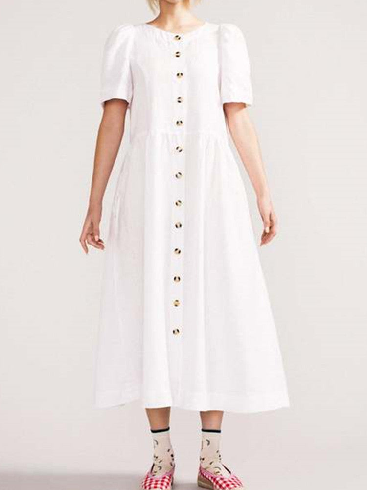 V Neck Linen Button Down Midi Dress with Pocket In White