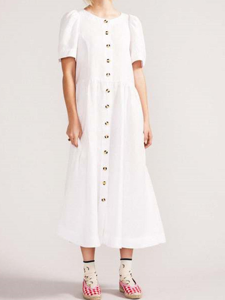 V Neck Linen Button Down Midi Dress with Pocket In White