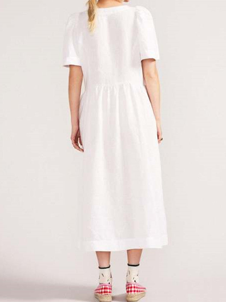 V Neck Linen Button Down Midi Dress with Pocket In White