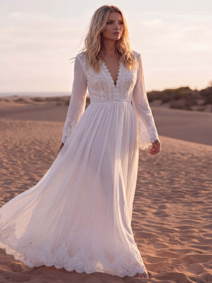 Floral A Line White Long Western Wedding Dress with Lace - VelvetHem