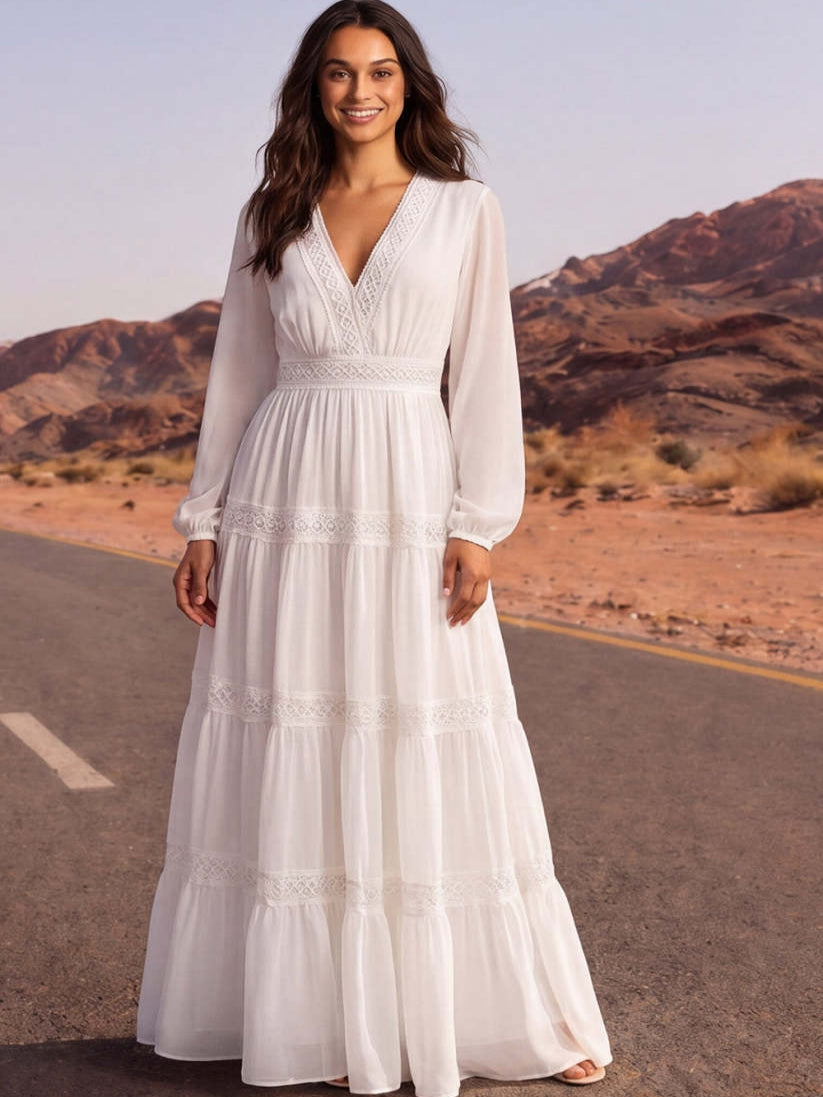 White A Line V Neck Tiered Long Boho Wedding Dress
