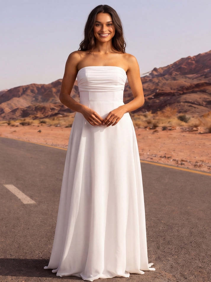 White Strapless A Line Long Wedding Dress - VelvetHem