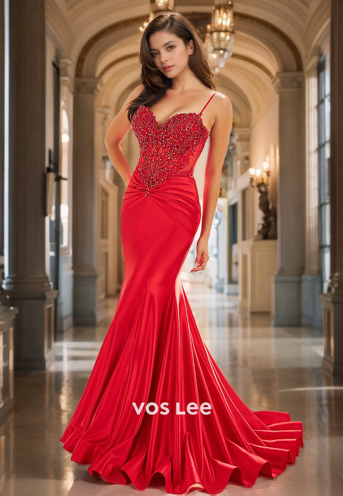 Unique Column V Neck Spaghetti Straps Lace Appliques Sequins Ruched Sweep Train Satin Prom Party Dress