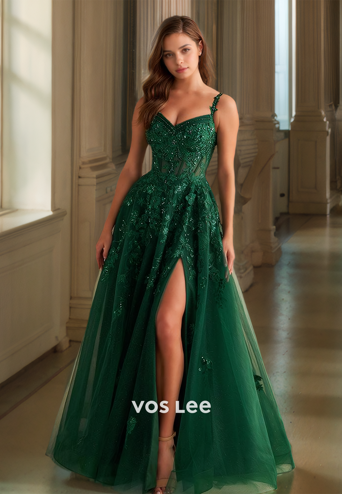 Unique V Neck A-Line Spaghetti Straps Back Zipper Sweep Train Lace Appliques Tulle Prom Party Dress