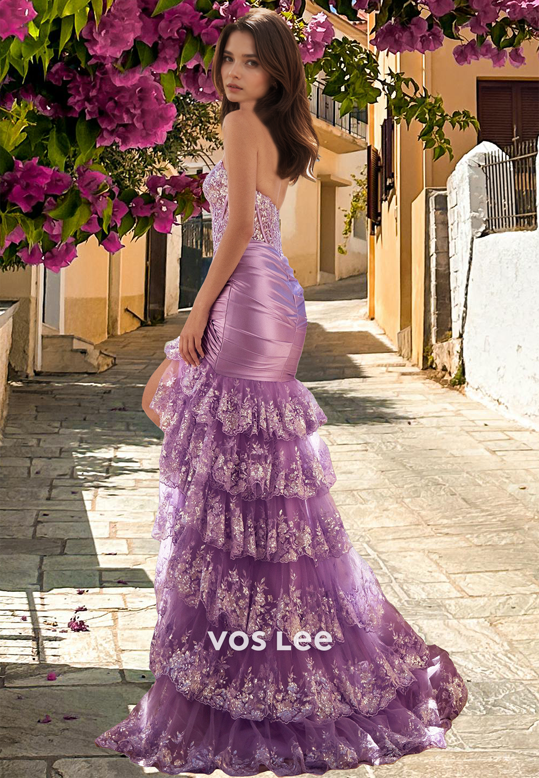 Purple Column Strapless Back Zipper Side Split Tiered Tulle Glitter Prom Evening Dress - View 2 | VelvetHem