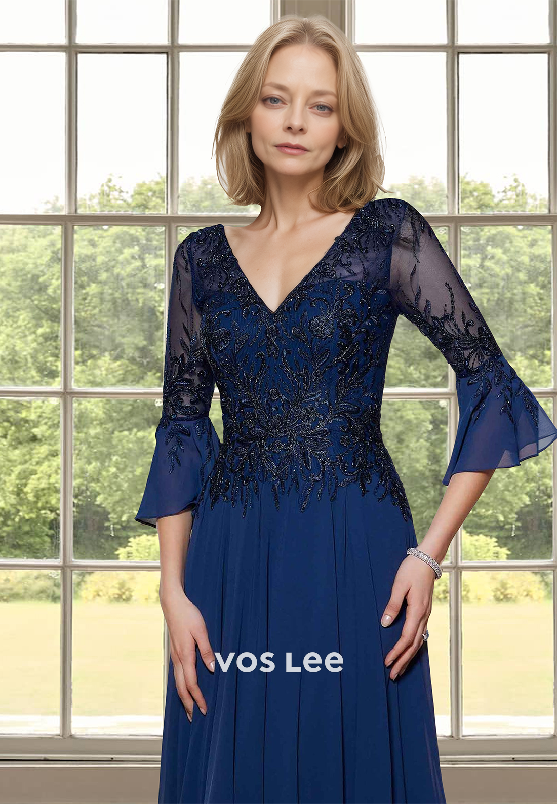 Ornate A-Line V Neck Half Sleeves Lace Appliques Ruched Mother of the Evening Dress - View 4 | VelvetHem