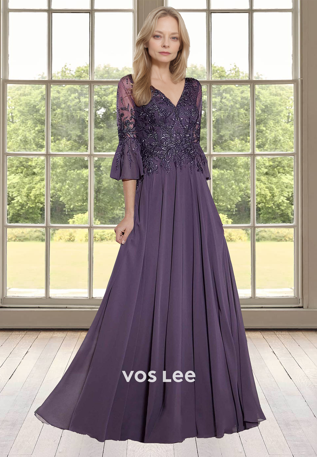 Ornate A-Line V Neck Half Sleeves Lace Appliques Ruched Mother of the Evening Dress - View 2 | VelvetHem