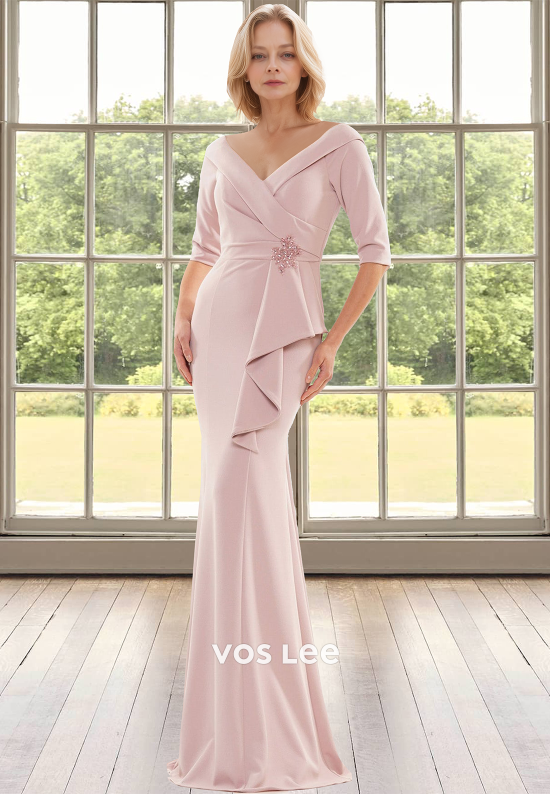 Vintage Sheath V Neck Half Sleeves Sequins Draped Mother of the Evening Dress - View 3 | VelvetHem
