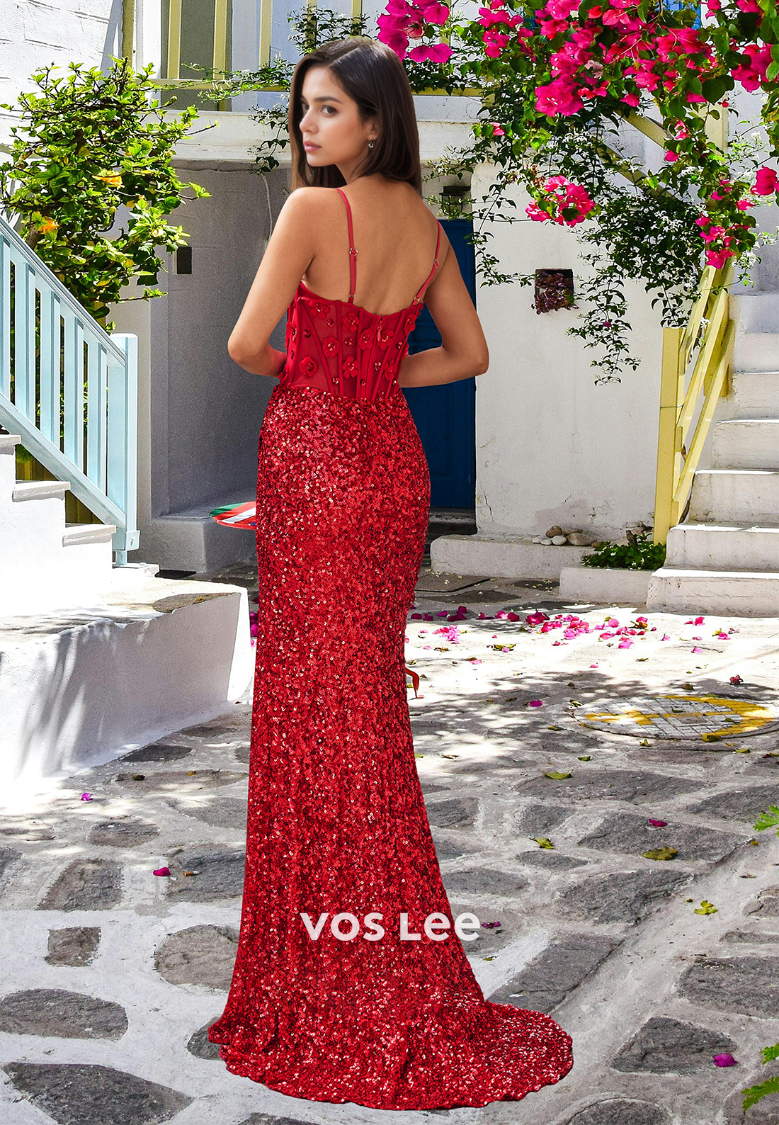 Luxury Column V Neck Lace Appliques Zipper Sequins Draped Prom Evening Dress - View 2 | VelvetHem
