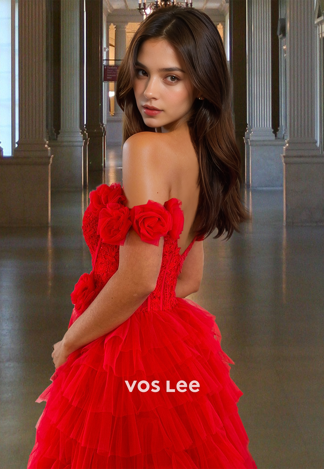 Charming A-Line Off Shoulder Back Zipper Lace Tiered Tulle Prom Evening Dress - View 4 | VelvetHem