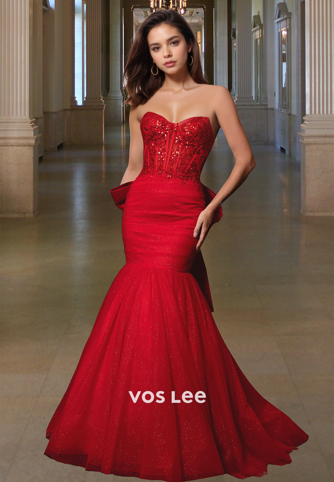 Sparkle Mermaid Evening Dress Chic Applique Strapless Bow Formal Party Gown - View 2 | VelvetHem