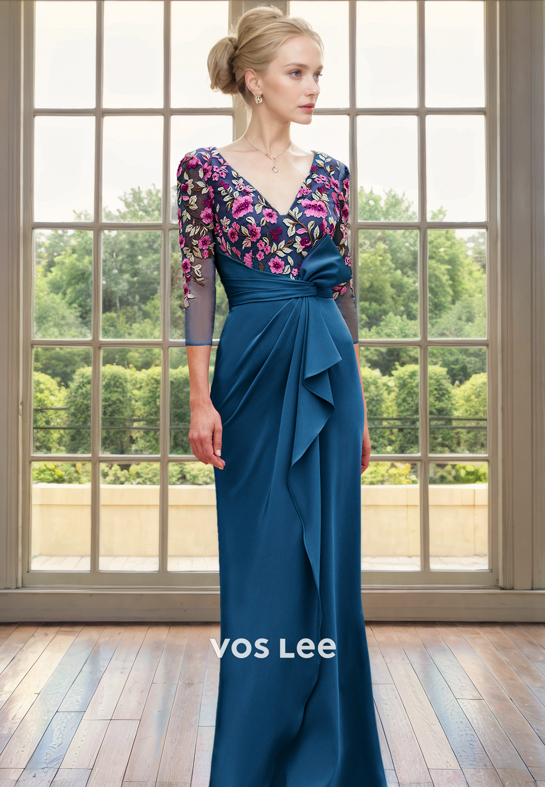 Sheath/Column Appliqued Ruffled Mother of the Bride Dress Floor Length V Neck Cocktail Dress with Long Sleeves
