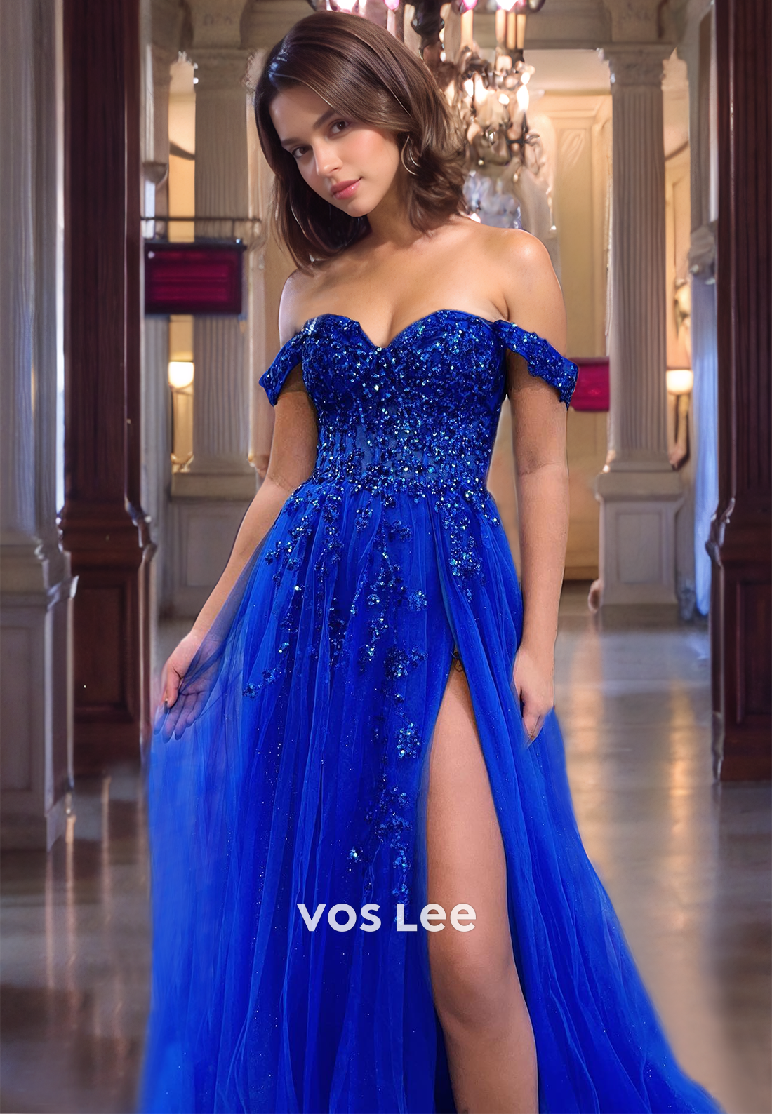 Sparkly Sweetheart Tulle Prom Gown Zipper Back Off Shoulder Royal Blue Party Dress with Slit