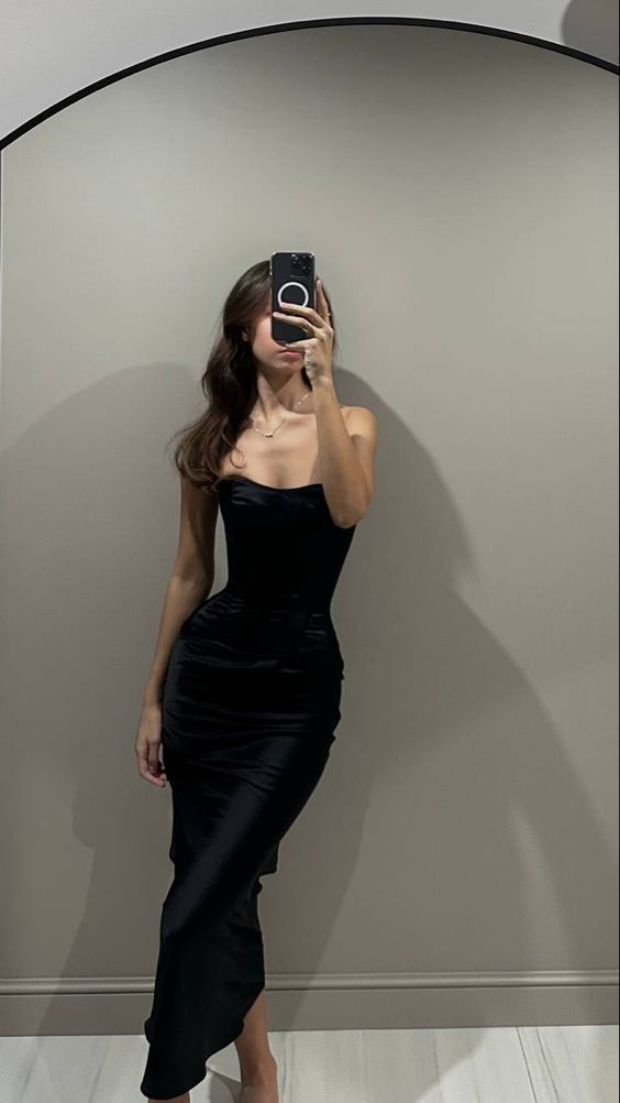 Simple Black Sheath Long Prom Dress strapless Evening Dress - VelvetHem