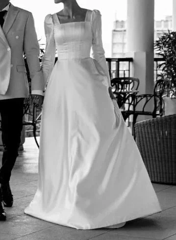 Modest A-line Square Neckline White Satin Wedding Dress (ZD13696)