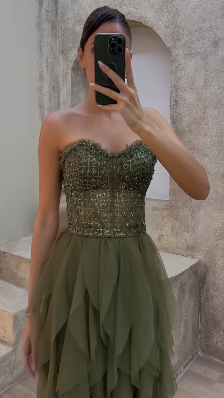 Vintage Green Tulle Beaded A Line Party Dress,Formal Prom Evening Gown - View 2 | VelvetHem