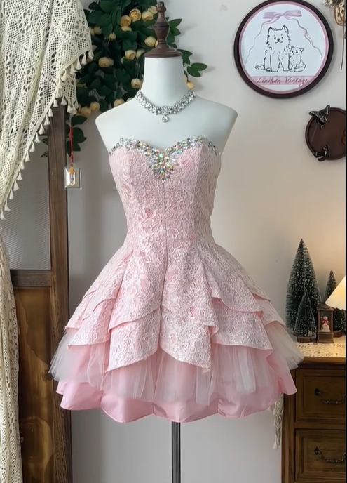 Classy Pink Satin Lace Beaded Formal Homecoming Dress Strapless A Line Mini Party Dress