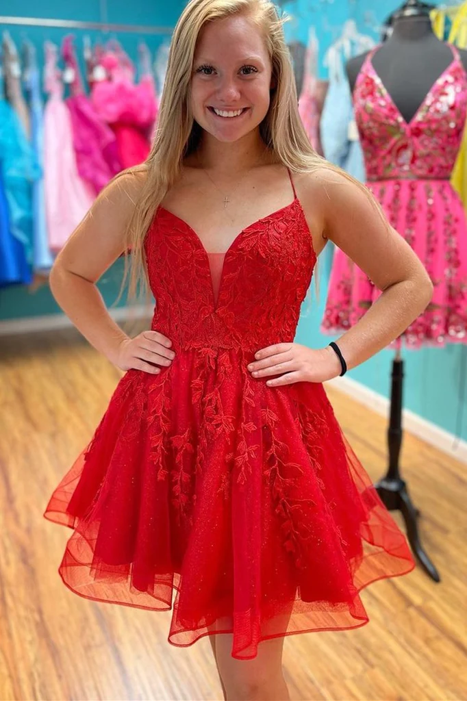 Red Spaghetti Strap Above Keen Starry Tulle Homecoming Dress Graduation Dresses - VelvetHem