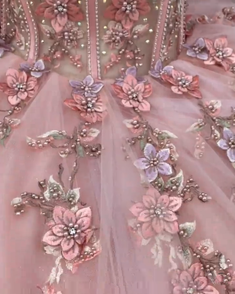 Pink Tulle Floral Appliques Ball Gown Sweet 16 Dress Y527
