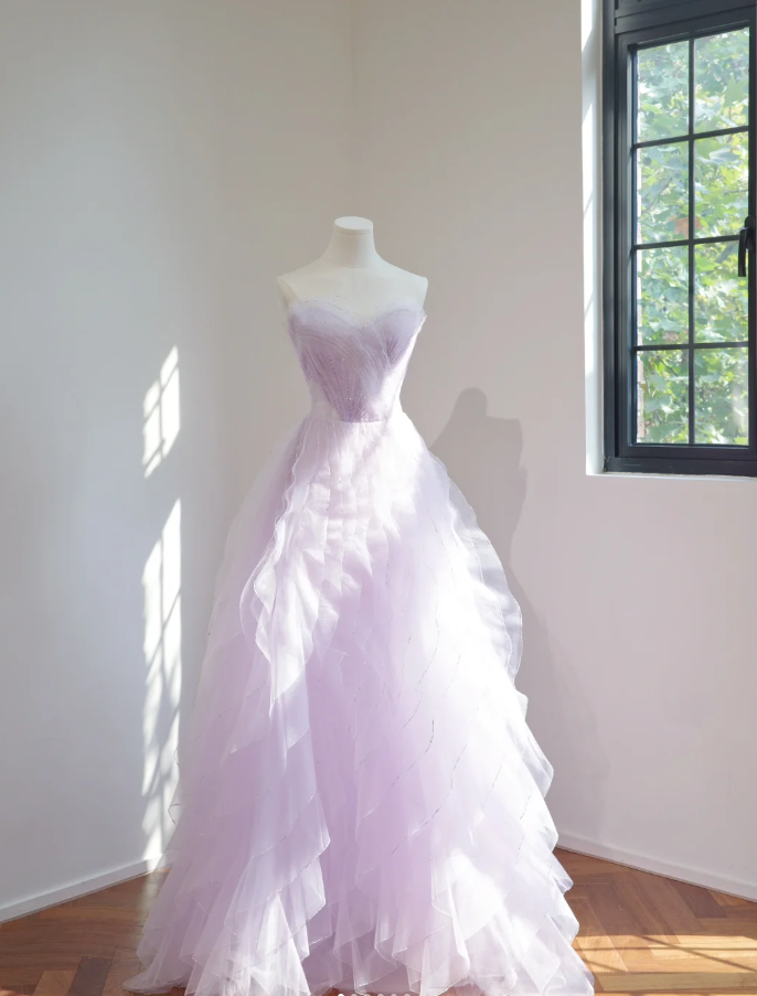 Classy Strapless Lilac Beaded Tulle Ruffles Long Birthday Prom Dress Formal Party Dress