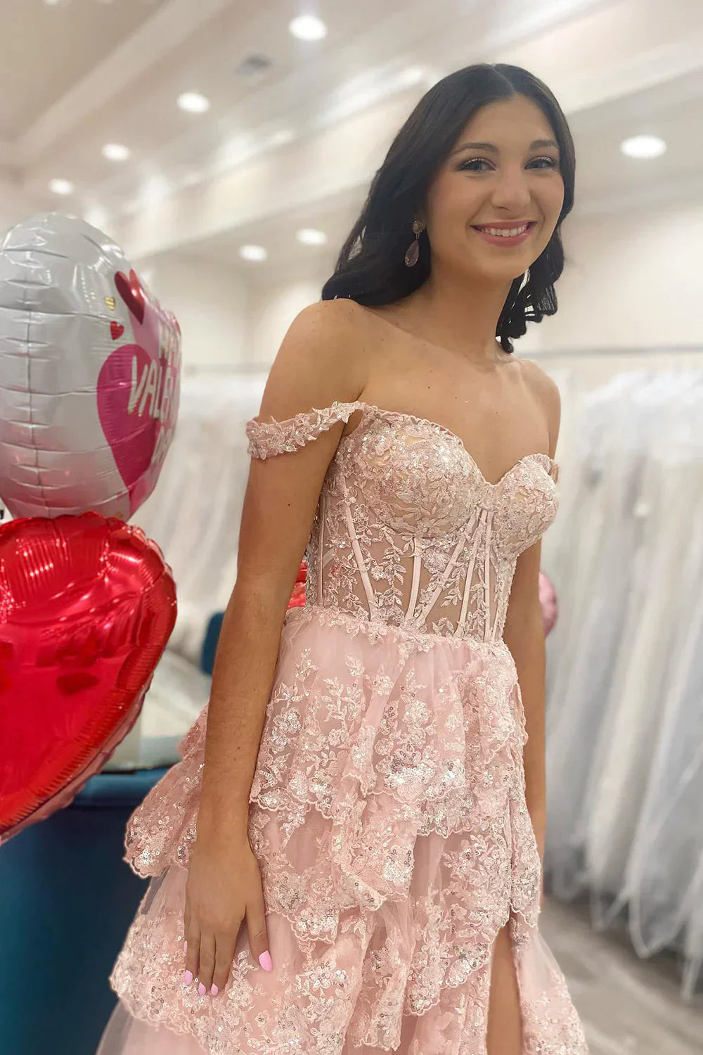 Sparkly Hot Pink A-Line Off The Shoulder Long Tiered Prom Dress With Appliques
