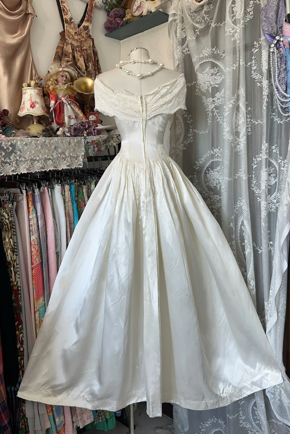 Elegant Off The Shoulder Ivory White Satin A Line Long Wedding Guest Dress Birthday Party Dress - View 3 | VelvetHem