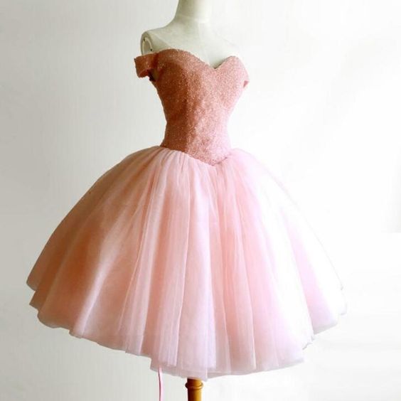 Pink Off the Shoulder Full Beaded Puffy Short Homecoming Dress - VelvetHem