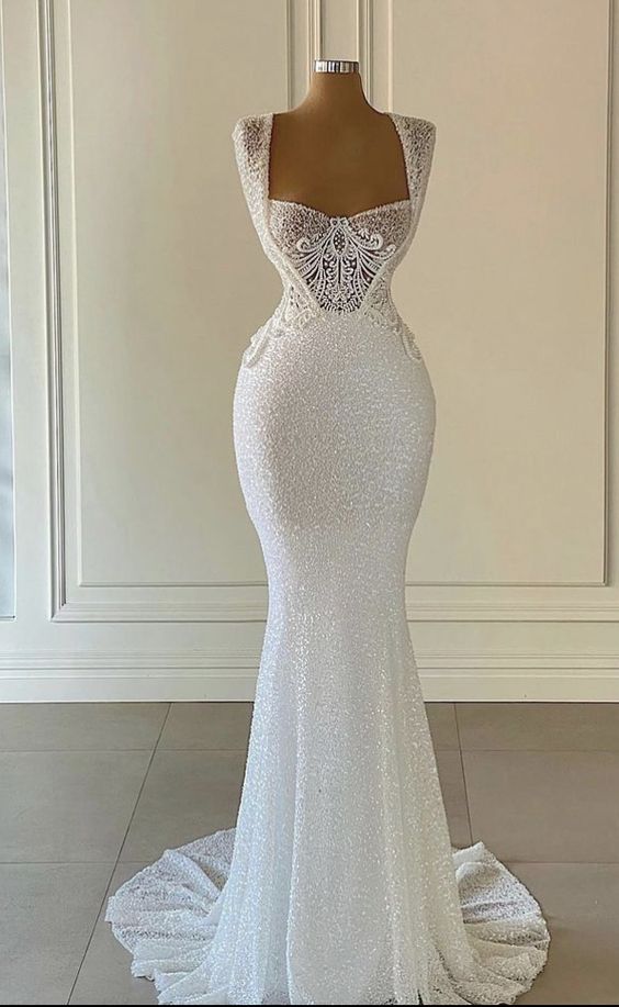 Luxury New Square Neck White Wedding Dress Women Mermaid Prom Dress Formal Gowns Bridal Gown - VelvetHem