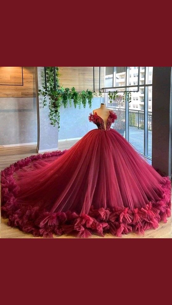 A-line V Neck Ball Gwon Puffy Burgundy Sweet Ruffled Quinceanera Dress Tulle Sweet 16 Train Dress Dresses - VelvetHem
