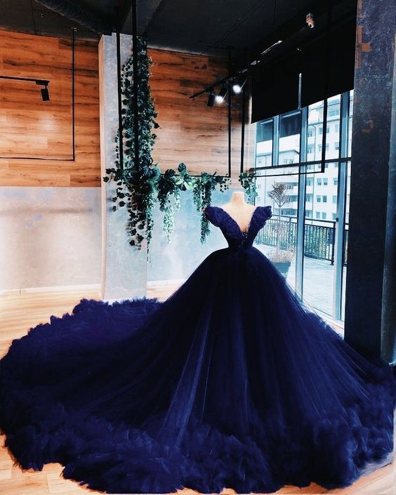 A-line V Neck Princess Dress Tulle Ball Gown With Court Train cc50 - VelvetHem