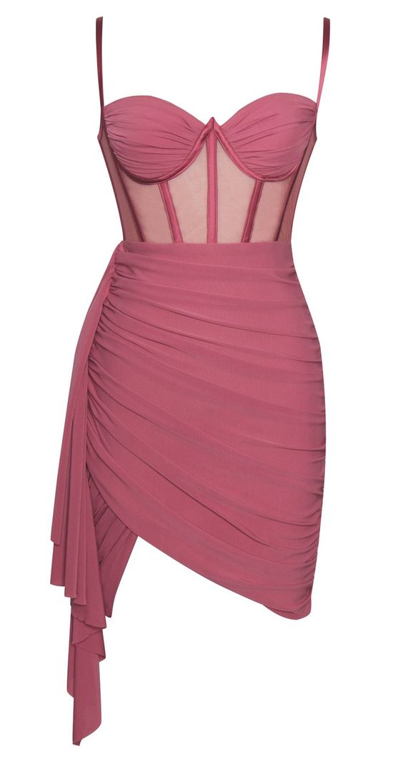Ruched Bustier Corset Mesh Dress Coral Pink Wrap Homecoming Dress cc51 - VelvetHem