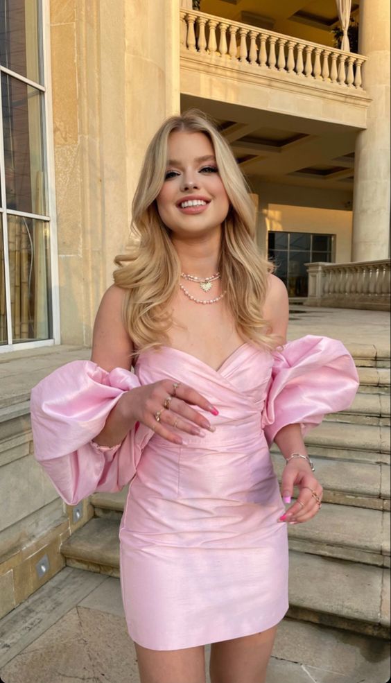 Pink Homecoming Dress With Lantern Sleeves and Bare Shoulders cc53 - VelvetHem