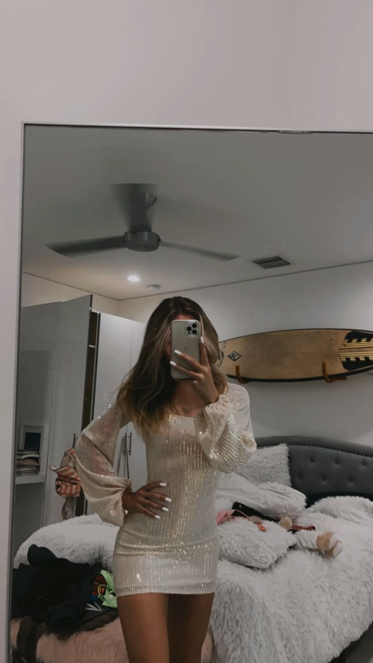 Puff Long Sleeve Mini Party Dress Sequin Homeocming Dress cc20 - VelvetHem
