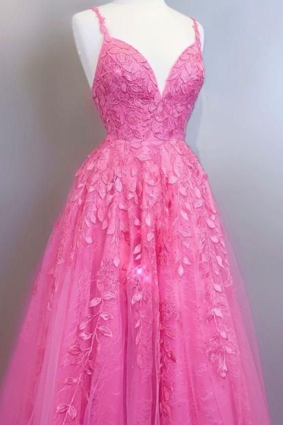 A-line bright pink lace appliqued long prom dress with lace up back - VelvetHem