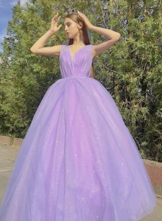 A-line V-neck Light Purple Prom Dress Gliter Formal Dress cc46 - View 2 | VelvetHem